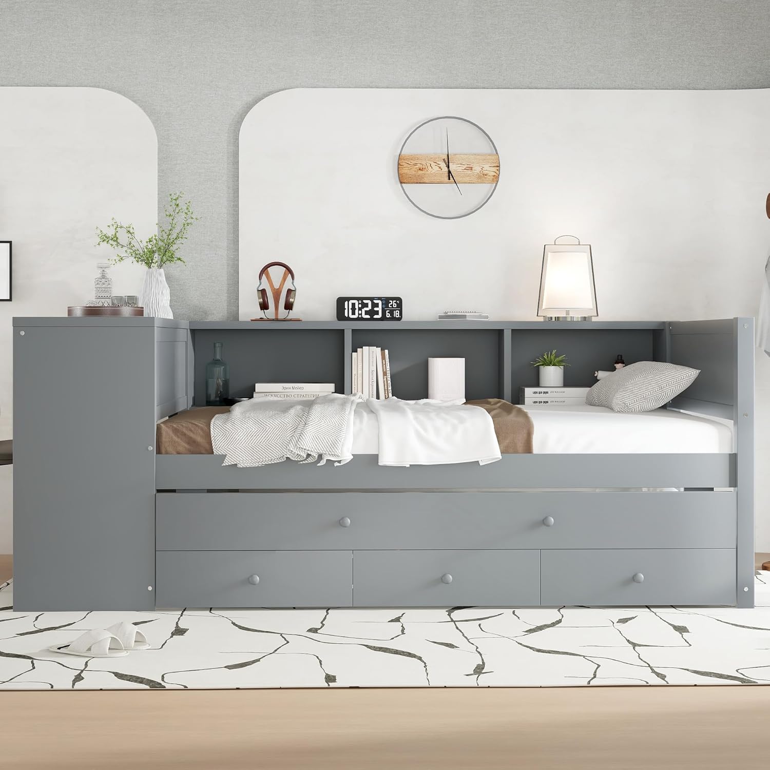 SOFTSEA Twin Size Daybed with Trundle & 3 Storage Drawers, Corner Bed with Desk and Bookcase Headboard, Wooden Daybed with Pull Out Trundle and Storage Shelves for Kids Teens, Grey