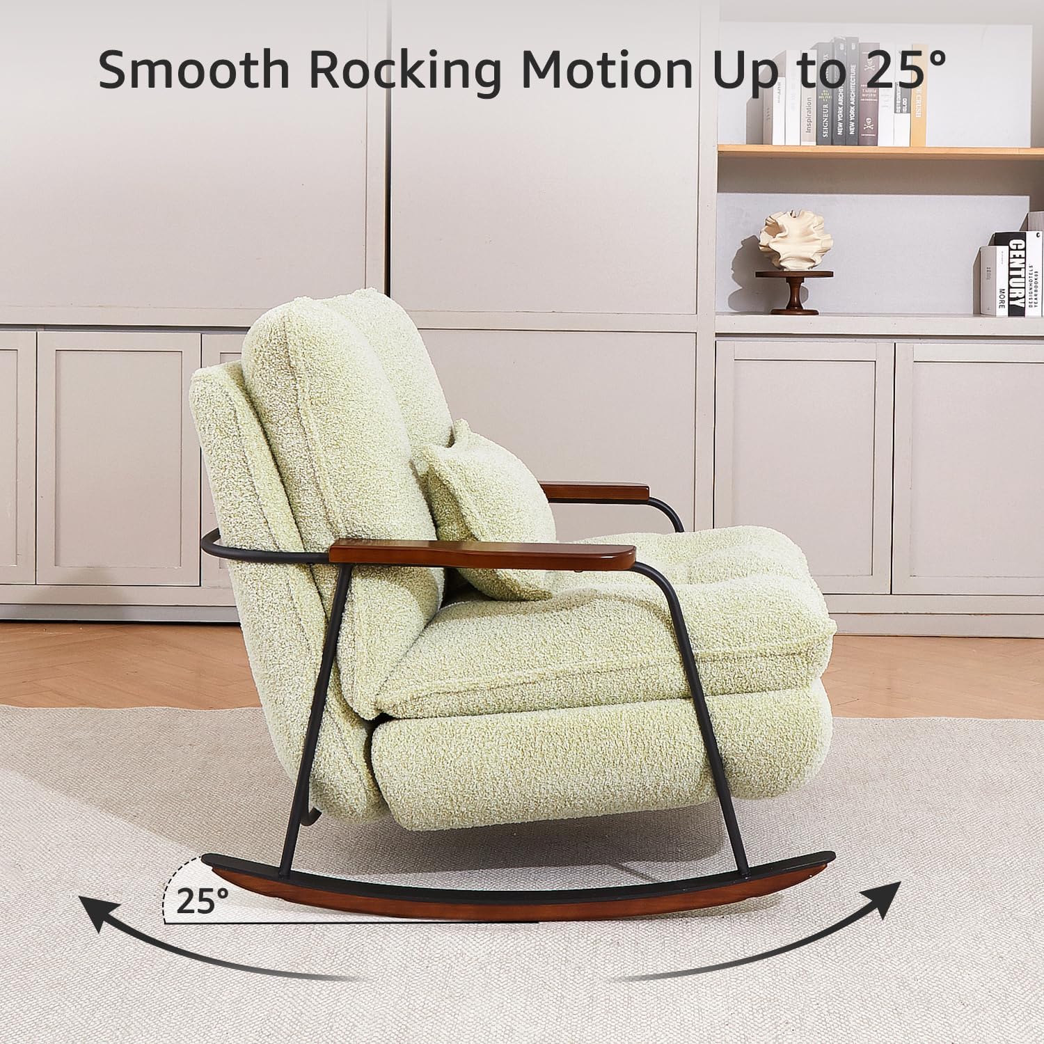 zyz Nursery Rocking Chair with Pillow, Teddy Upholstered Oversized Accent Chair Rocker Recliner, Solid Wood Frame, DIY Ottoman Footrest, Lazy Sofa for Living Room Bedroom (Teddy, Light Green)