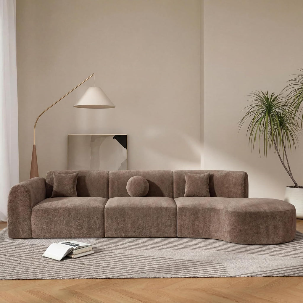 Merax 3-Piece 140' Curved Sectional Sofa Set, 4 Seat L-Shaped Modular Modern Cloud Couch with Chaise Lounge, 3 Pillows, Fully Assembled High-Density Compressed Sponge for Living Room, Brown