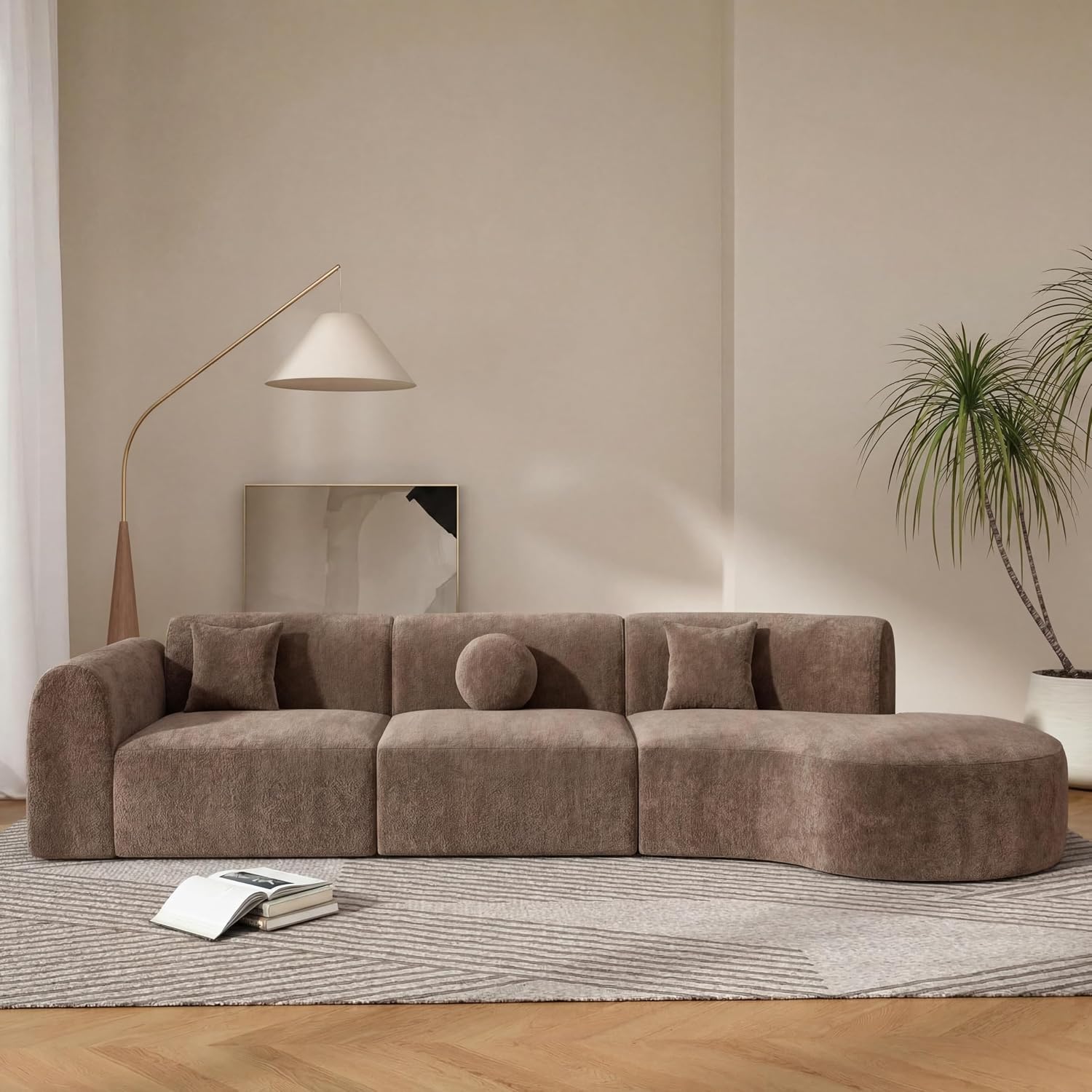Merax 3-Piece 140' Curved Sectional Sofa Set, 4 Seat L-Shaped Modular Modern Cloud Couch with Chaise Lounge, 3 Pillows, Fully Assembled High-Density Compressed Sponge for Living Room, Brown