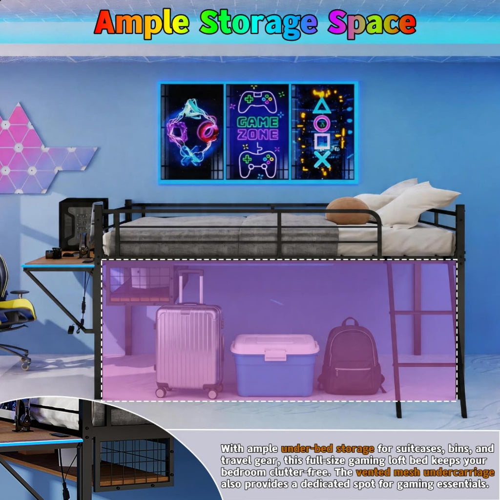 Linique Full Size Gaming Loft Bed with Desk, LED, Charging Station and Staircase, Metal Bed Frame with Vented Mesh Undercarriage Storage, Black + Light Brown