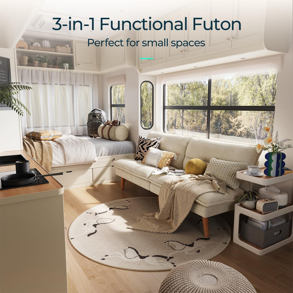 LINSY HOME Futon Sofa Bed - Convertible Corduroy Futon Couch Bed with Adjustable Backrest, Modern Small Loveseat Sleeper Sofa for Small Spaces, Living Room, Apartment or Office (Beige)
