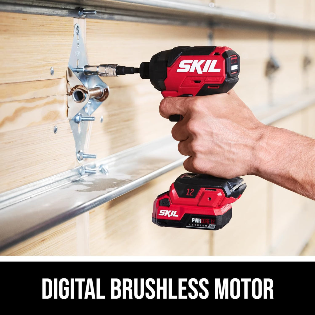 SKIL PWR CORE 12V Brushless 1/2 In. Compact Variable Speed Drill Driver & 1/4 In. Hex Compact 3-Speed Impact Driver Kit, Includes 2.0Ah Battery and 20W USB-C Charger - CB8429A-11