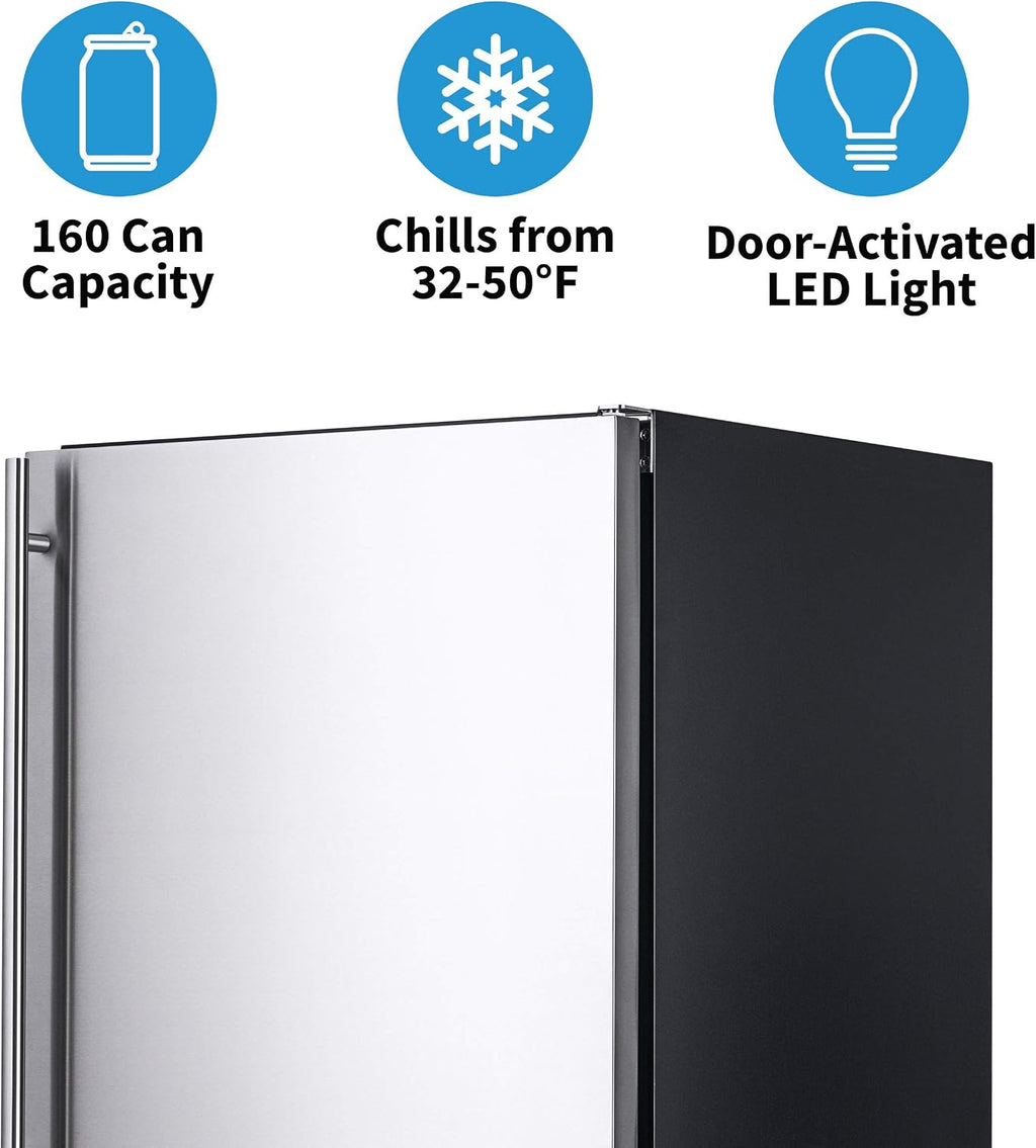 NewAir 24' Outdoor Beverage Fridge | Freestanding or Built-In Under counter Refrigerator for Outside Patio | Weatherproof Outdoor Fridge for 160 Cans with Auto-Closing Door | Stainless Steel