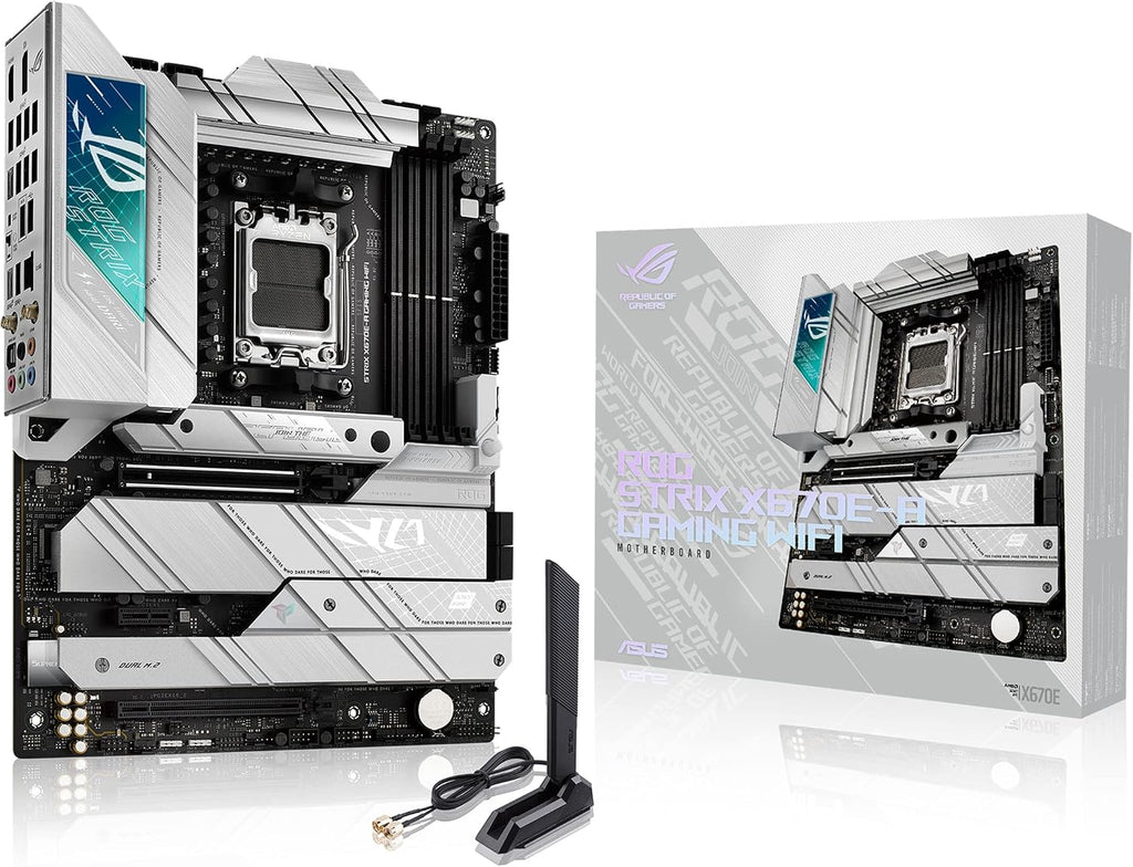 ASUS ROG STRIX X670E-A GAMING WIFI AMD X670 AM5 Ryzen™ Desktop 9000 8000 & 7000 ATX motherboard, 16+2 power stages, PCIe® 5.0, DDR5, 4x M.2 slots with heatsink, USB 3.2 Gen 2x2, WiFi 6E, AI Cooling II