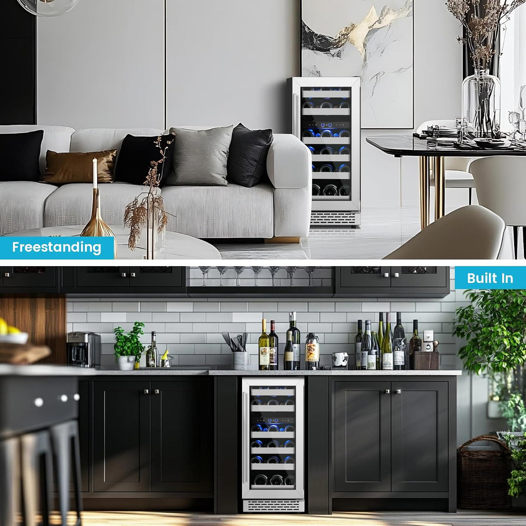 15 Inch Wine Fridge Under Counter, 28 Bottles Dual Zone Wine Cooler Refrigerator, 40-65°F, Stainless Steel Mini Chiller with Double Tempered Glass& Removable Shelves, Freestanding/Built-in