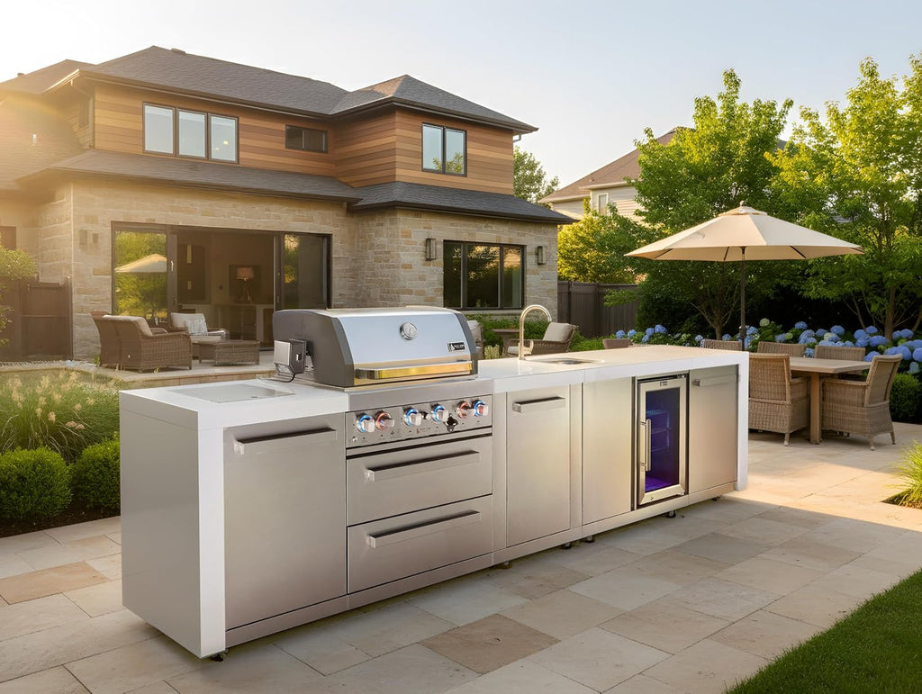 Mont Alpi Premium 145' Deluxe Stainless Steel Outdoor Kitchen Island with Refrigerator + Beverage Center Faucet & Sink + 32'W 4-Burner BBQ Grill + Granite Countertops + Storage + Rotisserie + Cover