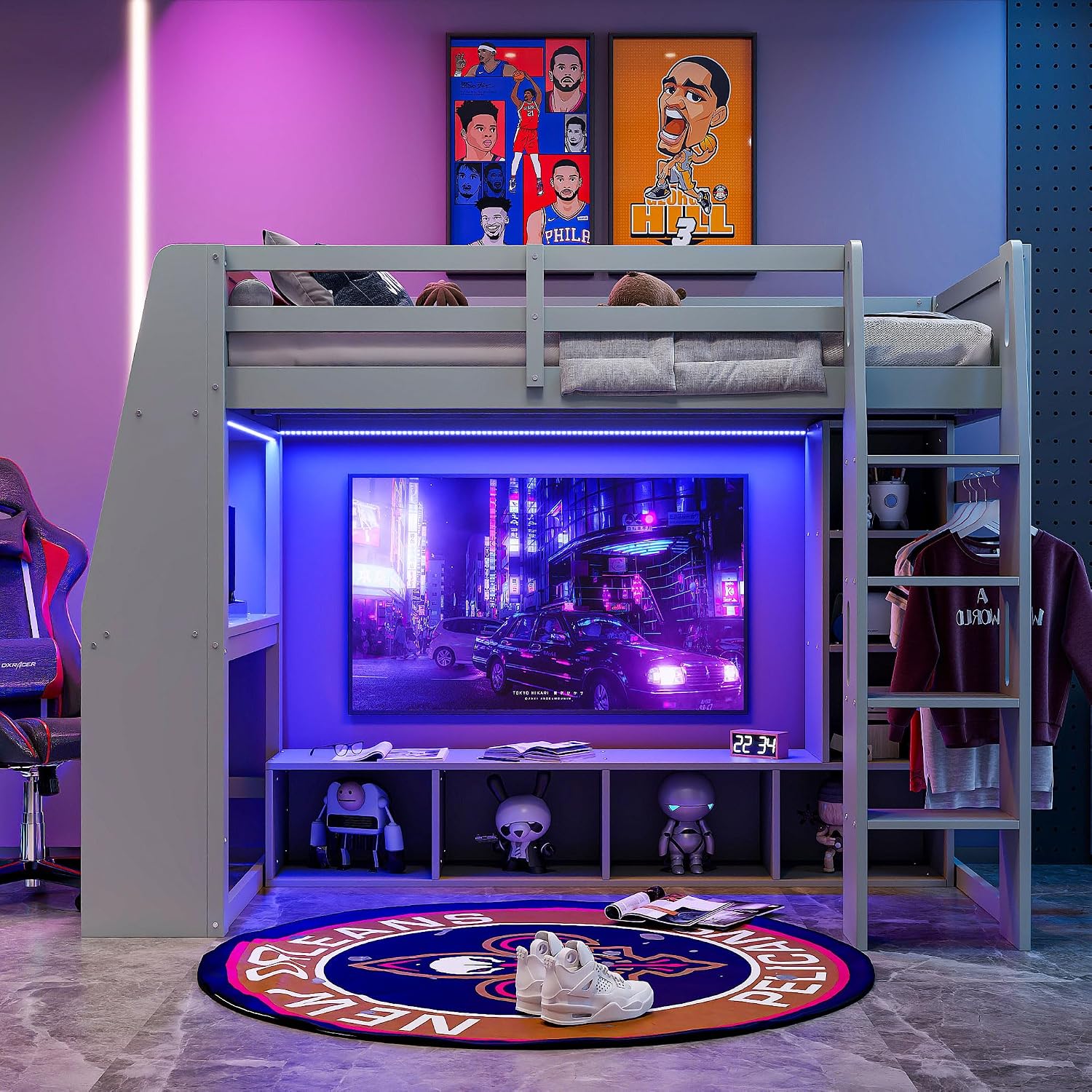 VilroCaz Modern Twin Size Gaming Loft Bed with Desk and Multi-Storage Shelves, Wood Loft Bed Frame with Workstation and a Hanging Clothes Rack, Maximize Space Saving (Twin)