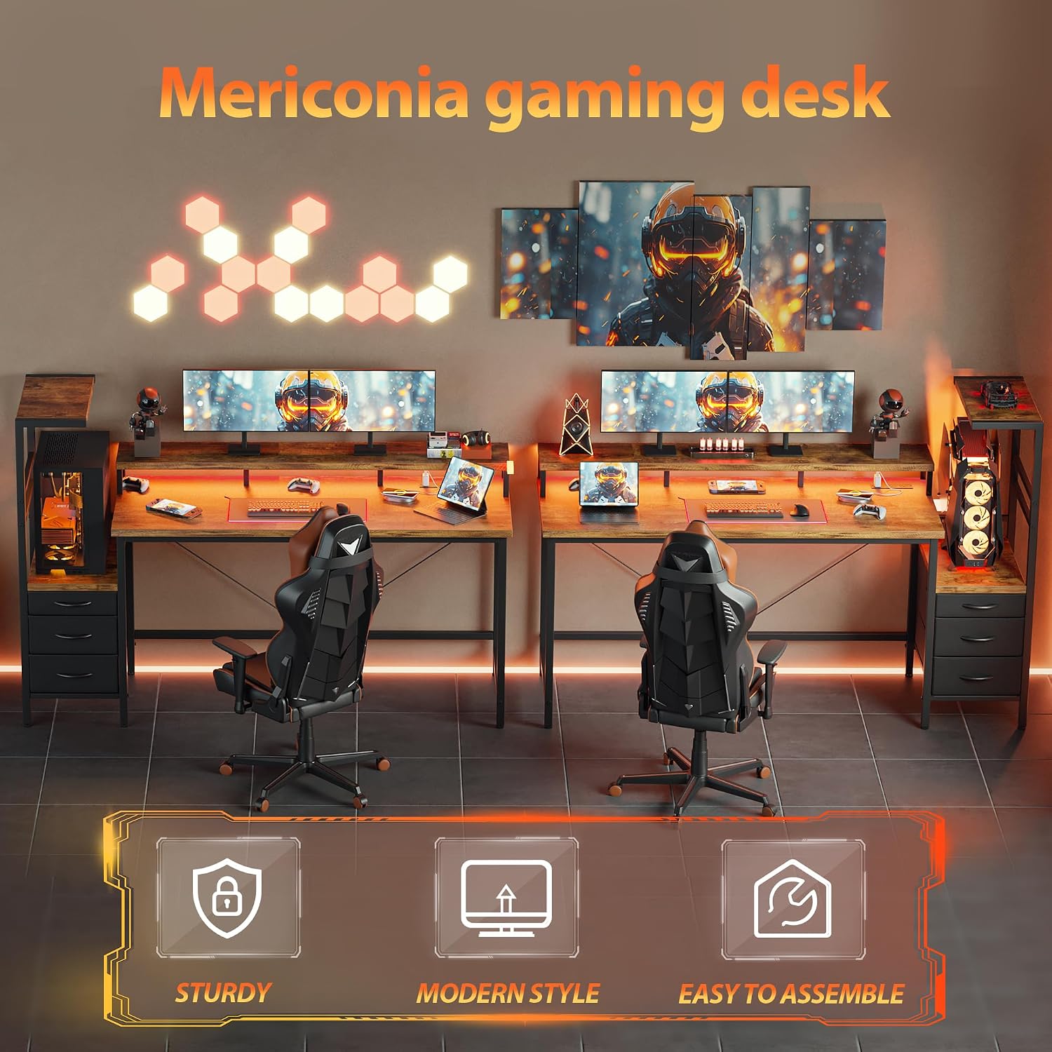 Mericonia Gaming Desk with Power Outlets & LED Lights, Reversible Computer Desk with PC Case Stand, Fabric Drawers, Modern Office Desk with Shelves, Monitor Stand