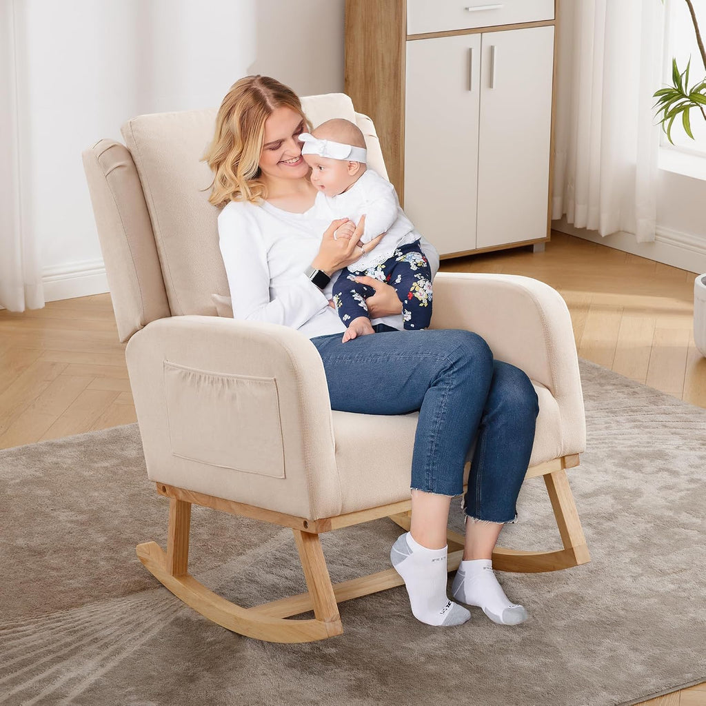 HCHAIRH Rocking Chair Nursery, Nursing Rocking Chairs with Lumbar Pillow, Comfy Modern Nursery Glider Rocker Morden Accent Rocking Chair for Mom Nursery, Living Room, Bedroom, Beige