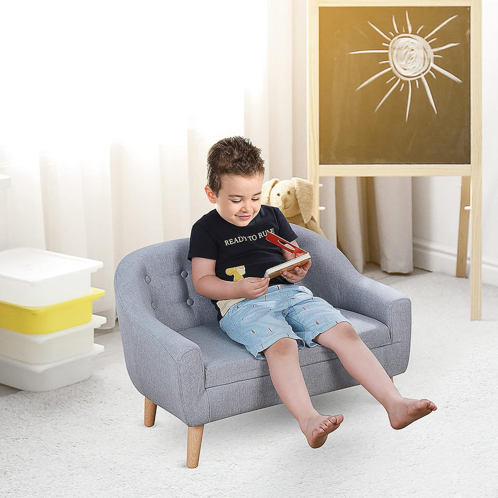 Qaba 2-Seat Kids Sofa, Toddler Sofa Couch, Linen-Like Fabric and Wooden Frame Sofa Chair for Ages 3-7, 11' High Seat, Gray