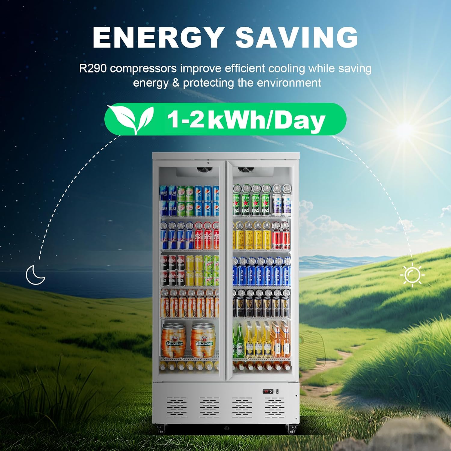 41.4''W White Commercial Refrigerators, 30.5 Cu.Ft 2 Glass Door Commercial Beverage Refrigerators Upright Display Cooler with LED Light and 10 Adjustable Shelves for Restaurant Stores