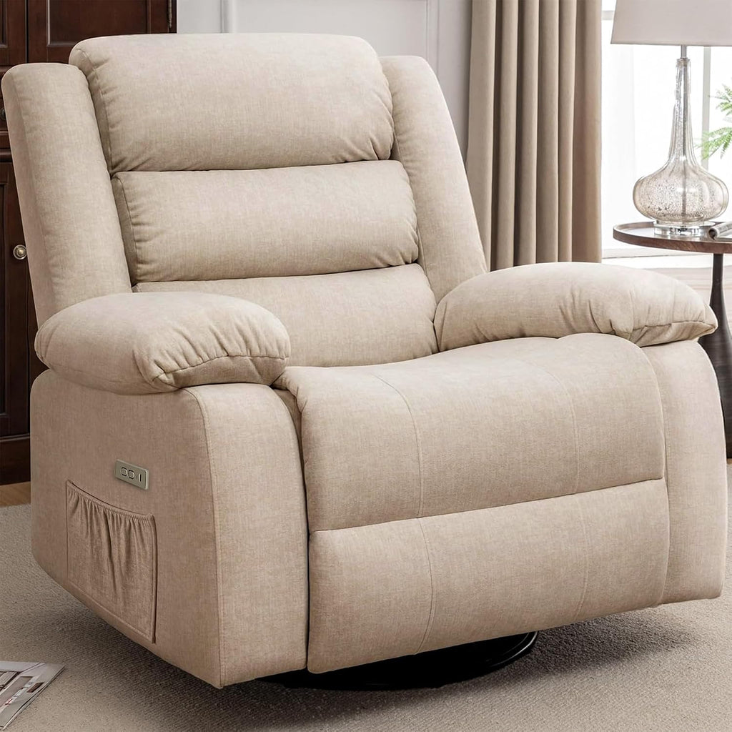 Korser Power Recliner Chair, Electric Rocker Recliner with Massage and Heat, 270° Swivel Glider, Oversized Wide Seat with USB Port, Cashmere Nursery Chair for Living Room, Khaki