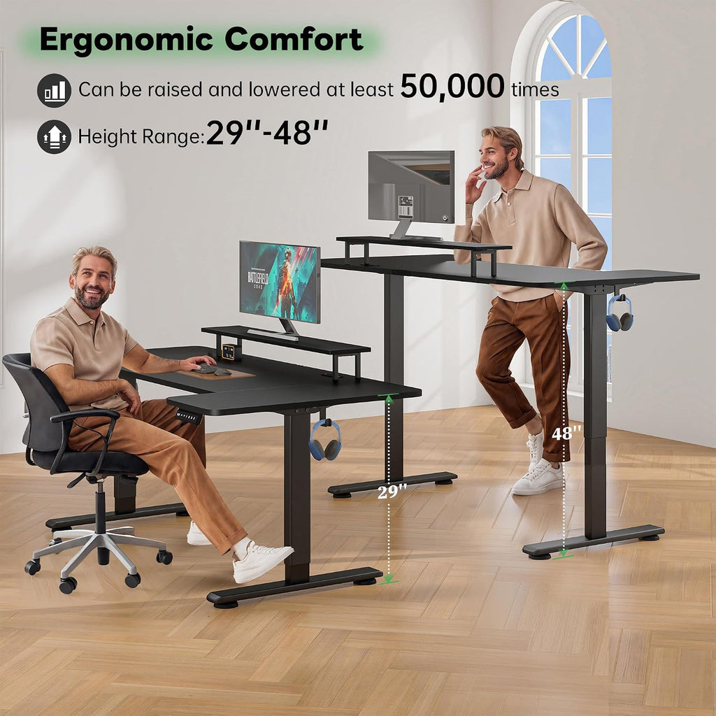 EnHomee U Shaped Electric Standing Desk, 71 x 36 Inch Height Adjustable Desk with Power Outlets, 3 Memory Heights, Monitor Shelf, Home Office Work Study Gaming Computer Desk