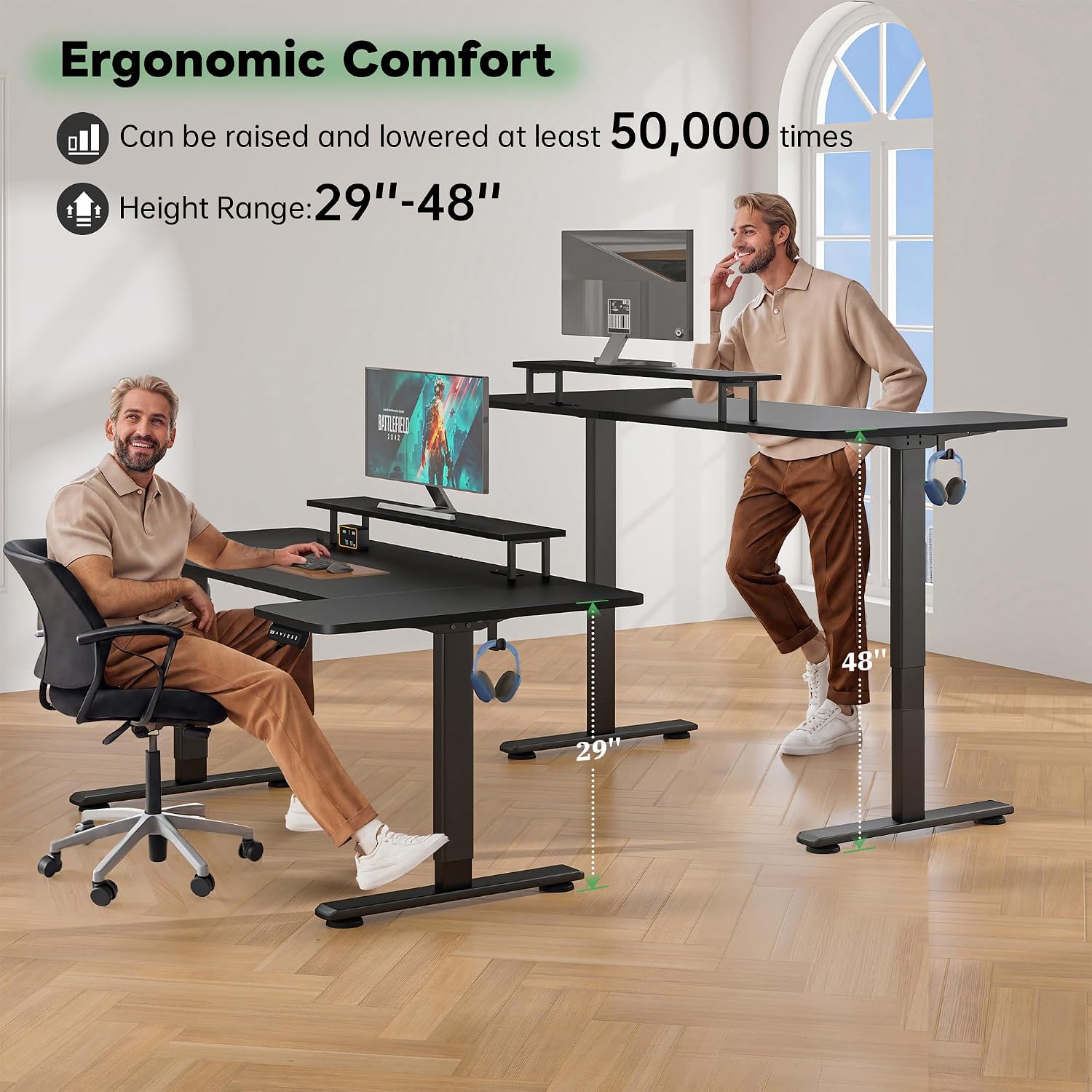EnHomee U Shaped Electric Standing Desk, 71 x 36 Inch Height Adjustable Desk with Power Outlets, 3 Memory Heights, Monitor Shelf, Home Office Work Study Gaming Computer Desk