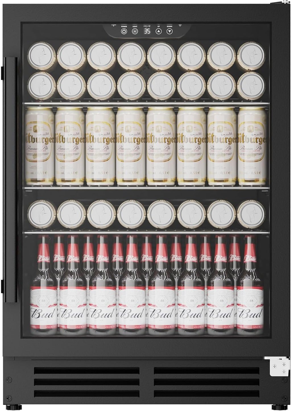 Coolake 24 Inch Wide Under Counter Beverage Refrigerator, 180 Can Capacity Beverage Cooler with Glass Door, Built in or Freestanding, Drink Fridge for Basement, Kitchen, Office