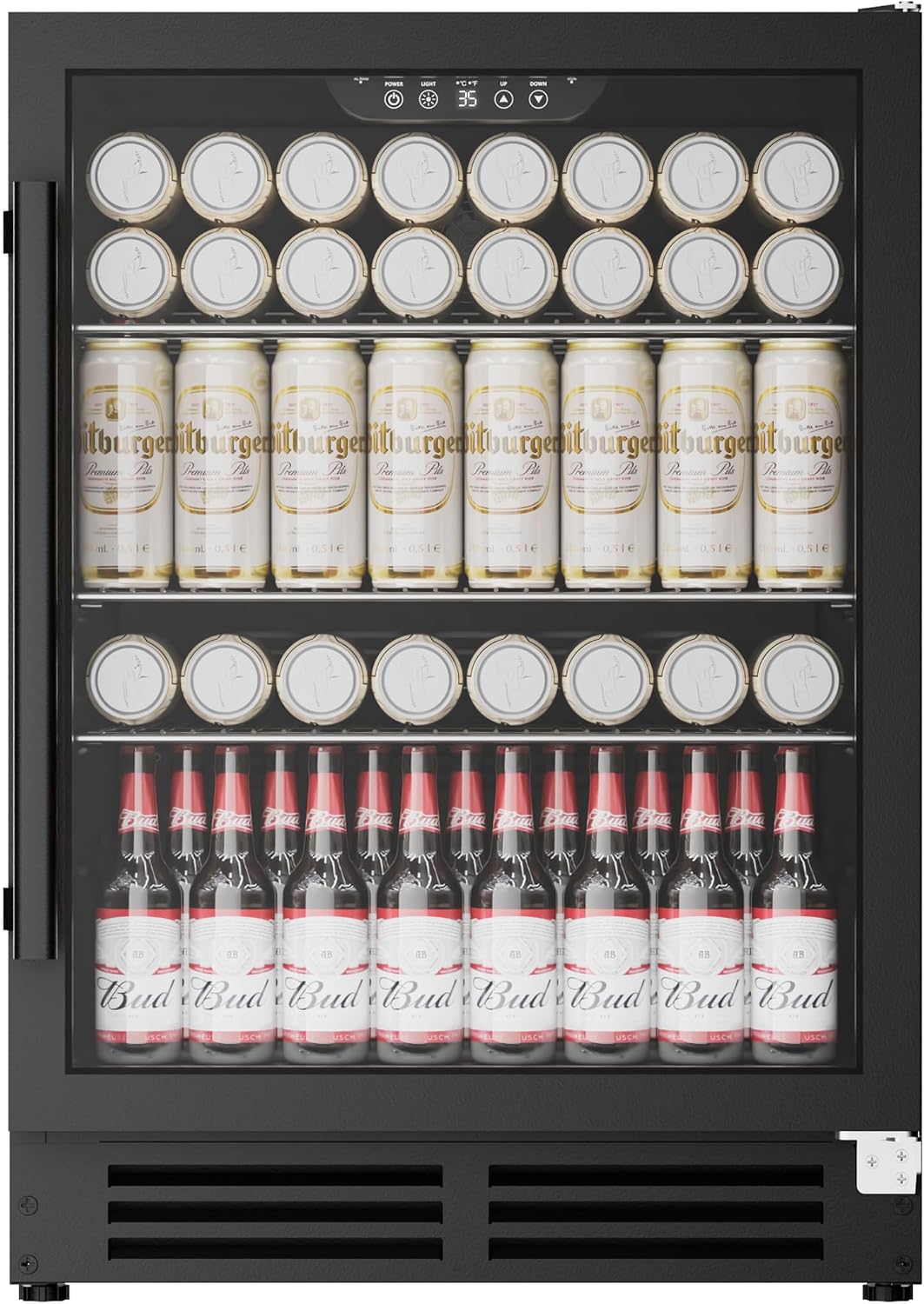 Coolake 24 Inch Wide Under Counter Beverage Refrigerator, 180 Can Capacity Beverage Cooler with Glass Door, Built in or Freestanding, Drink Fridge for Basement, Kitchen, Office