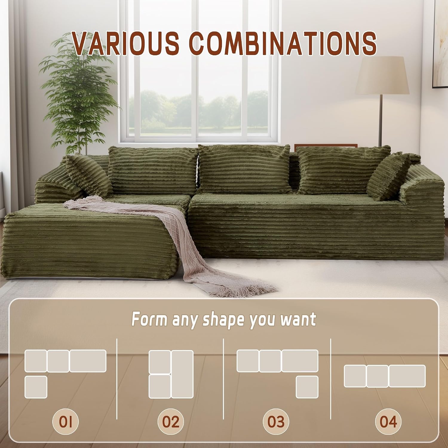 Korser 110' L-Shaped Modular Sectional Sofa with Chaise, Boneless Comfy Corduroy Fluffy Couch with Deep Seat and Side Pockets, Flexible Module Combination for Living Room, No Assembly, Side Pockets
