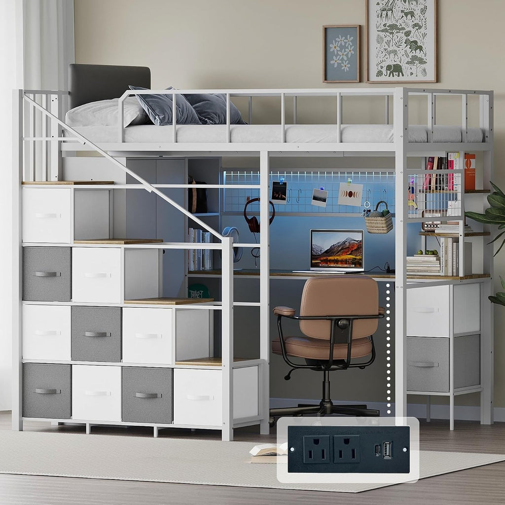 Kikihouse Twin Size Loft Bed with Desk, Stairs & LED Light, Metal Gaming Loft Bed Frame with Headboard, Safety Guardrail, Charging Station, Closet and 12 Fabric Drawers, Space Saving, White & Oak
