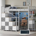 Kikihouse Twin Size Loft Bed with Desk, Stairs & LED Light, Metal Gaming Loft Bed Frame with Headboard, Safety Guardrail, Charging Station, Closet and 12 Fabric Drawers, Space Saving, White & Oak