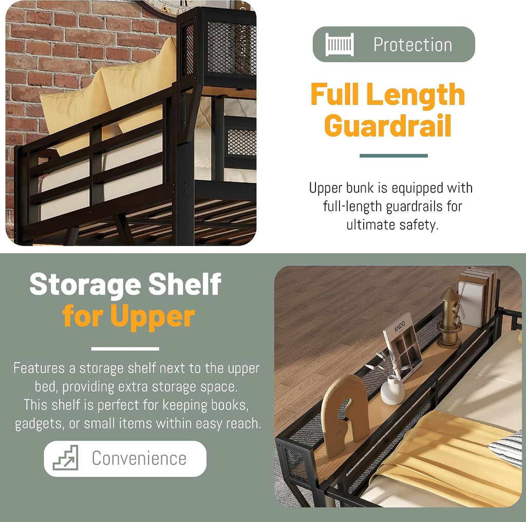 Queen Size Loft Bed Frame for Adults,Metal Lofts Bed Queen with Stairs & Storage Shelves, Heavy Duty High LoftBed with Wardrobe for Teens,Girls Boys, No Box Spring Needed, No Noise, Black