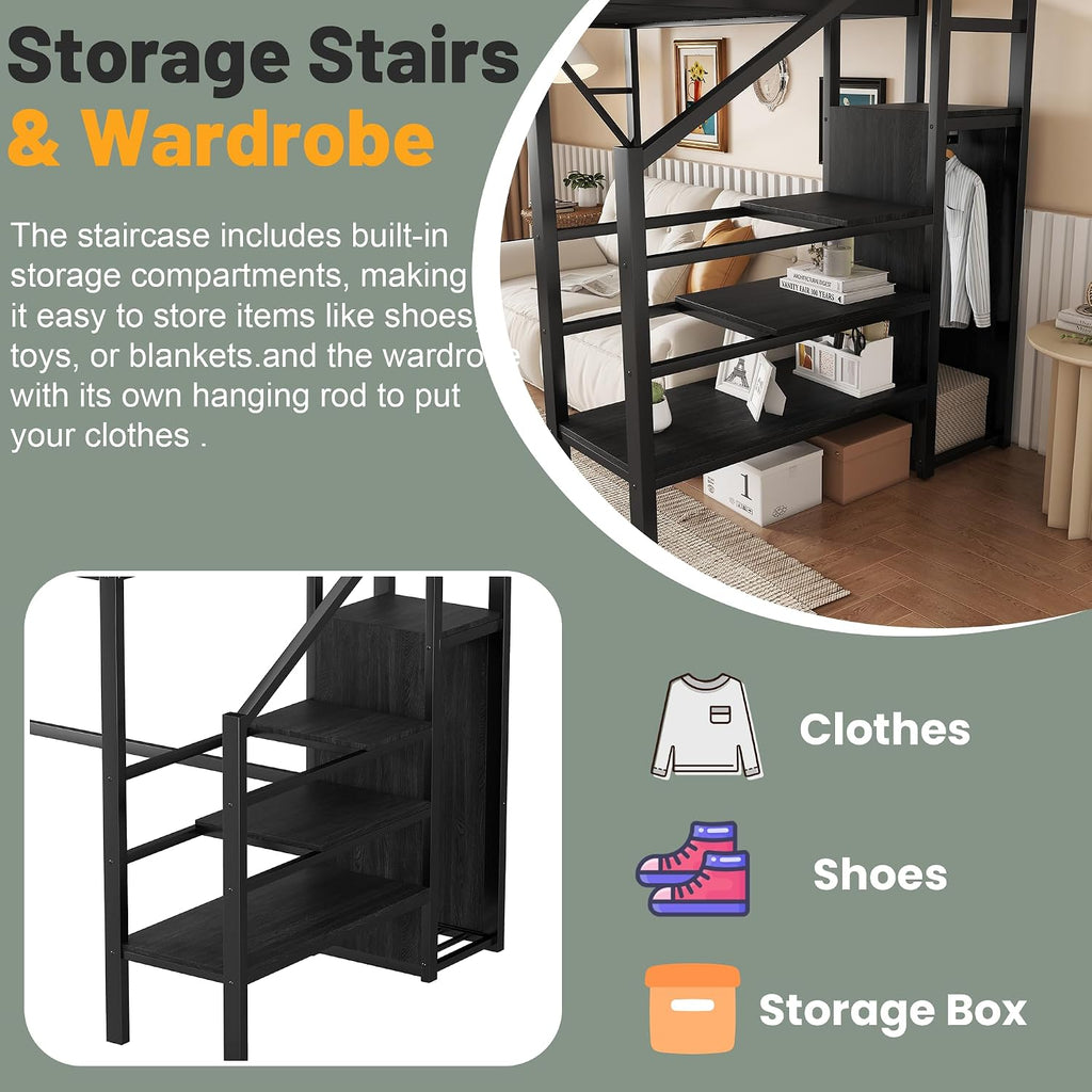 Twin Size Loft Bed with Stairs, Metal Loft Beds Twin with Storage Shelves, Adults Loft Bed with Wardrobe, Heavy Duty High Lofted Bed for Kids Teens,Black +Black Stair