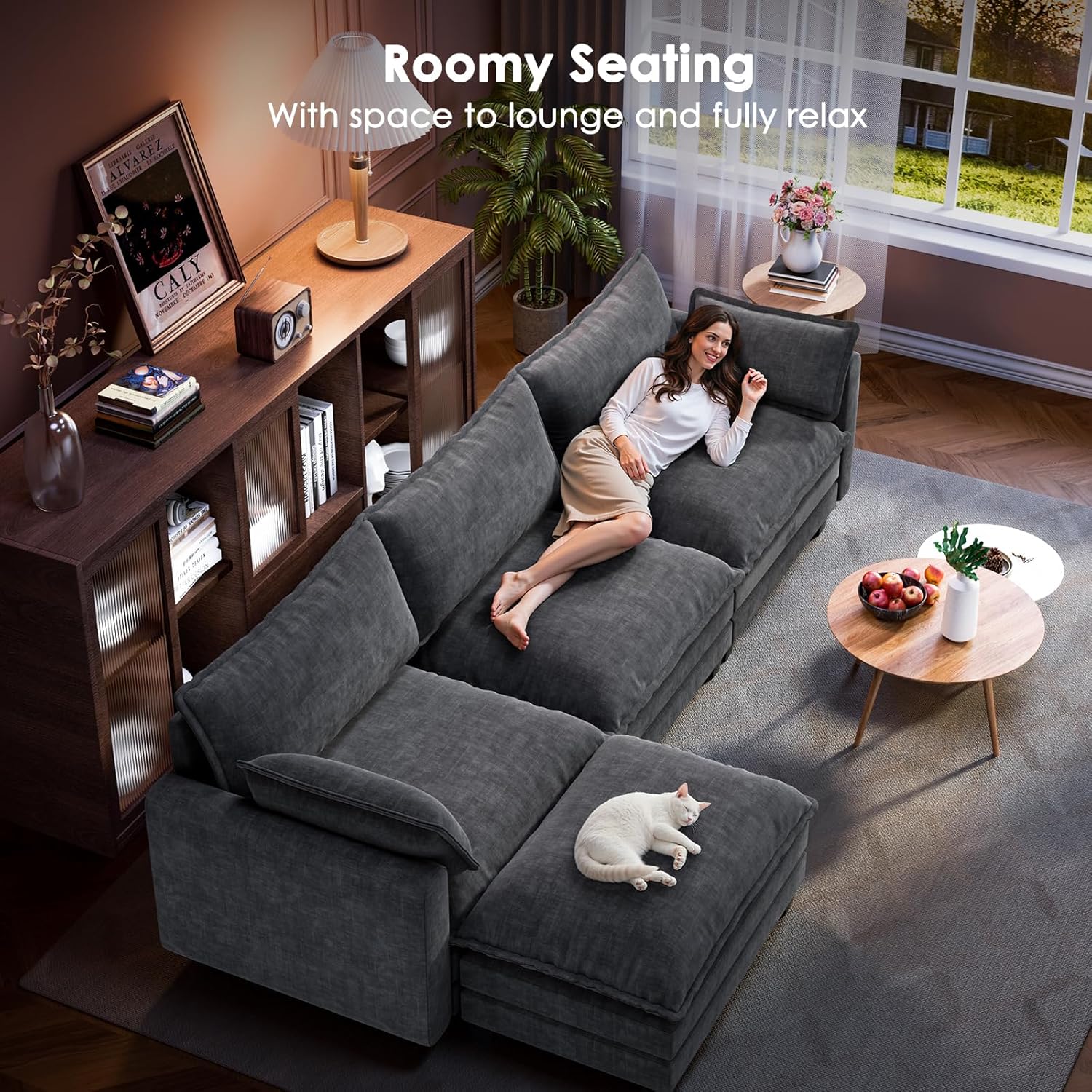 Marsail Modular Sectional Sofa 110.6' U-Shaped Modern Comfy Cloud Couch, 5-Seat Chenille Deep Seat Sofa with Throw Pillow & Movable Ottoman for Living Room, Bedroom and Apartment, Grey
