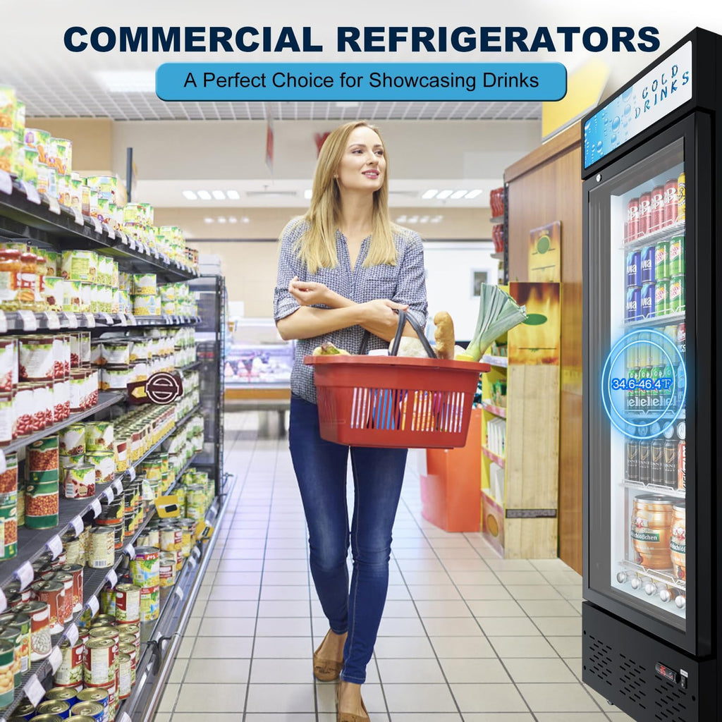 20.8''W Commercial Refrigerators, 11 Cu.ft. Glass Door Beverage Refrigerators Commercial Fridge Upright Display Cooler with Soft LED Light and Adjustable Shelves for Restaurant Grocery Stores