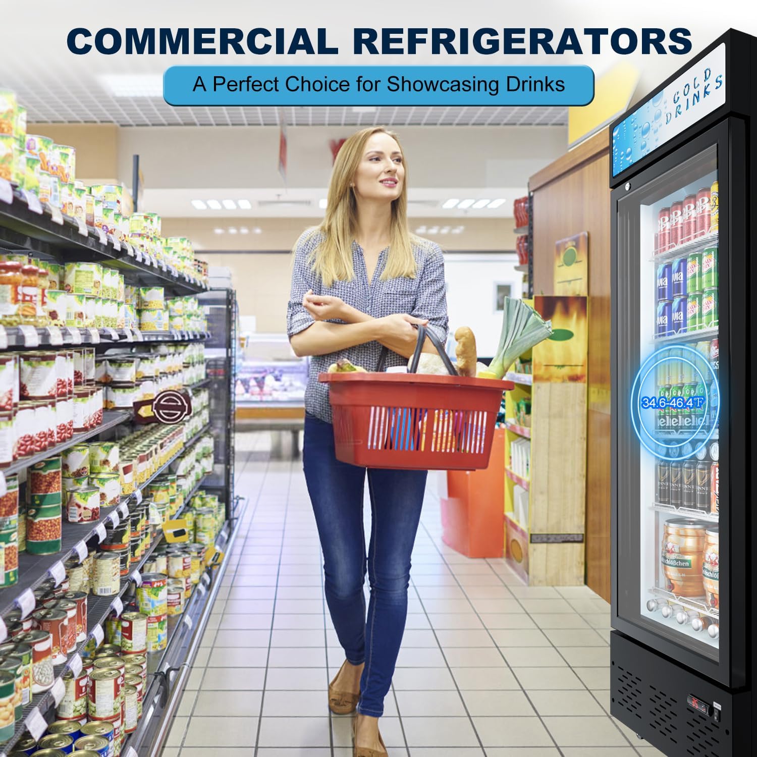 20.8''W Commercial Refrigerators, 11 Cu.ft. Glass Door Beverage Refrigerators Commercial Fridge Upright Display Cooler with Soft LED Light and Adjustable Shelves for Restaurant Grocery Stores
