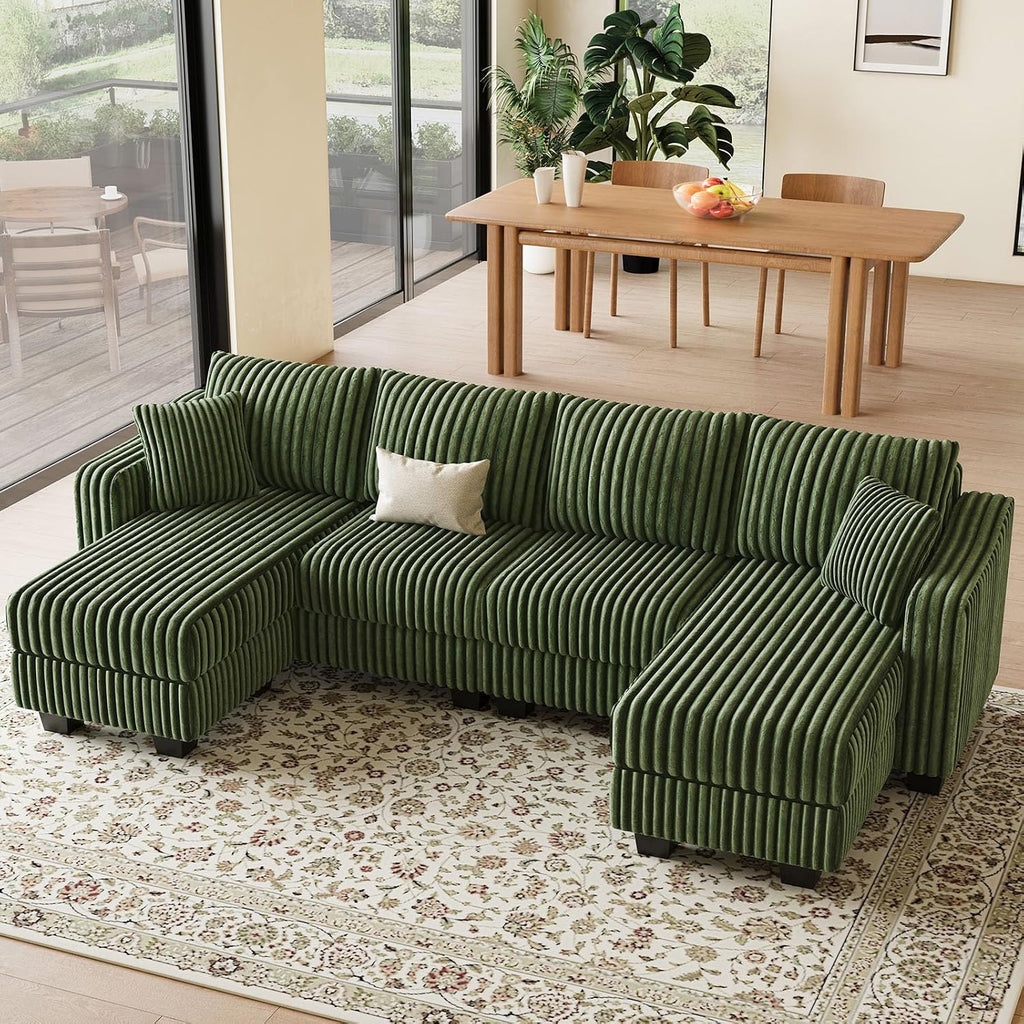 Belffin U Shaped Couch with Reversible Chaises Sectional Couches for Living Room Sectional Couch with Ottomans Corduroy (Green, U Shaped)