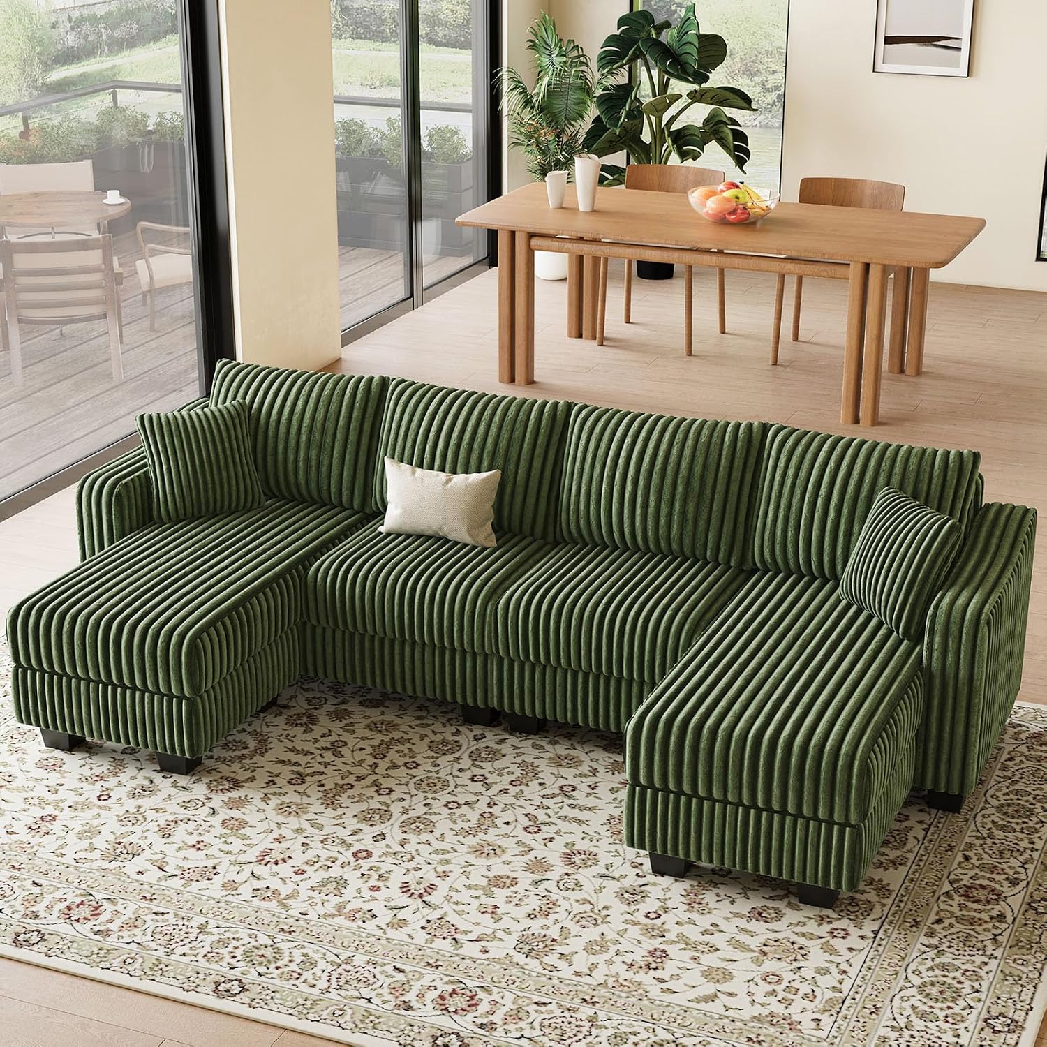 Belffin U Shaped Couch with Reversible Chaises Sectional Couches for Living Room Sectional Couch with Ottomans Corduroy (Green, U Shaped)