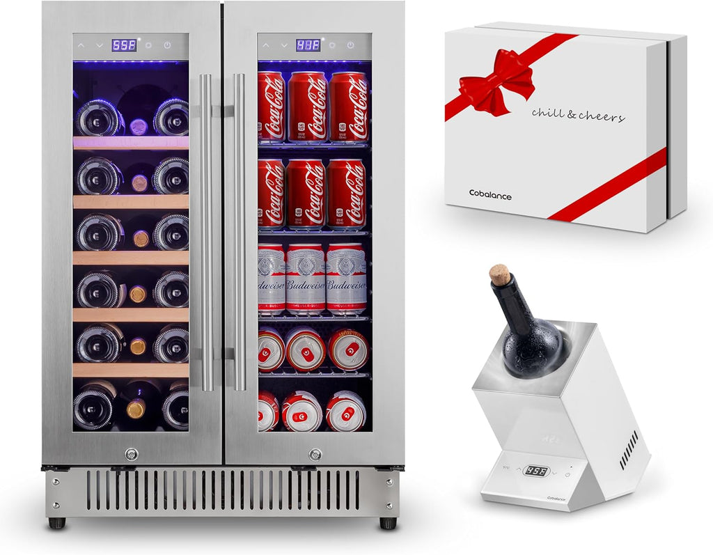 Cobalance 24 Inch Dual Zone Wine and Beer Refrigerator-72 Cans and 20 Bottles Cooler, & Single Bottle Wine Chiller,Built-in or Freestanding Fridge for Beer, Soda, Drinks, Home, Bar