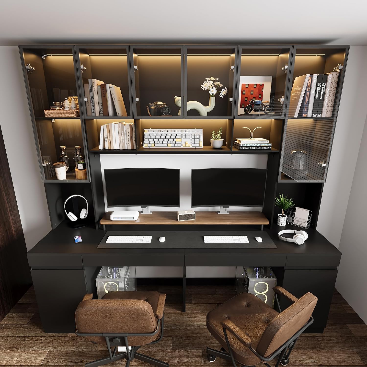 WOODTIME Large Two Person Computer Desk with Bookshelf and Lights, Study Writing Gaming Table Workstation with 4 Drawers & 14 Shelves for Home Office, White