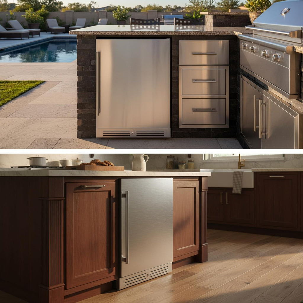 Yeego 24 Inch Beverage Refrigerator, 160-Can Beverage Cooler with Lock & Auto Defrost, Stainless Steel Indoor & Covered Outdoor Beverage Fridge, Freestanding or Under Counter for Beer, Soda & Wine