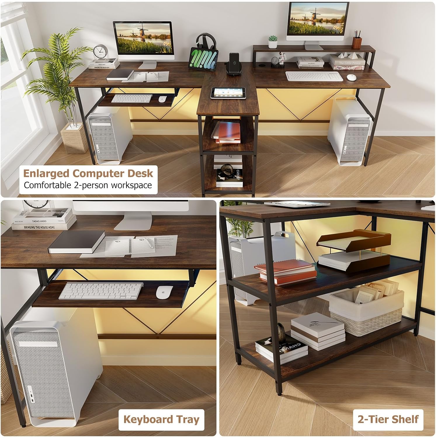 Giantex 94.5' 2 Person Desk with LED Lights, Long PC Study Desk with Storage Shelves, Power Outlets, Keyboard Tray & Monitor Stand, Double Computer Desk Workstation for Home Office (Rustic Brown)