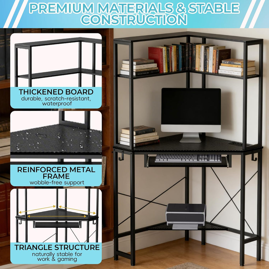 Corner Desk with Hutch and LED Lights, Corner Computer Desk with Keyboard Tray and Monitor Stand, Small Computer Desk for Small Spaces, Home Office（Carbon Black）