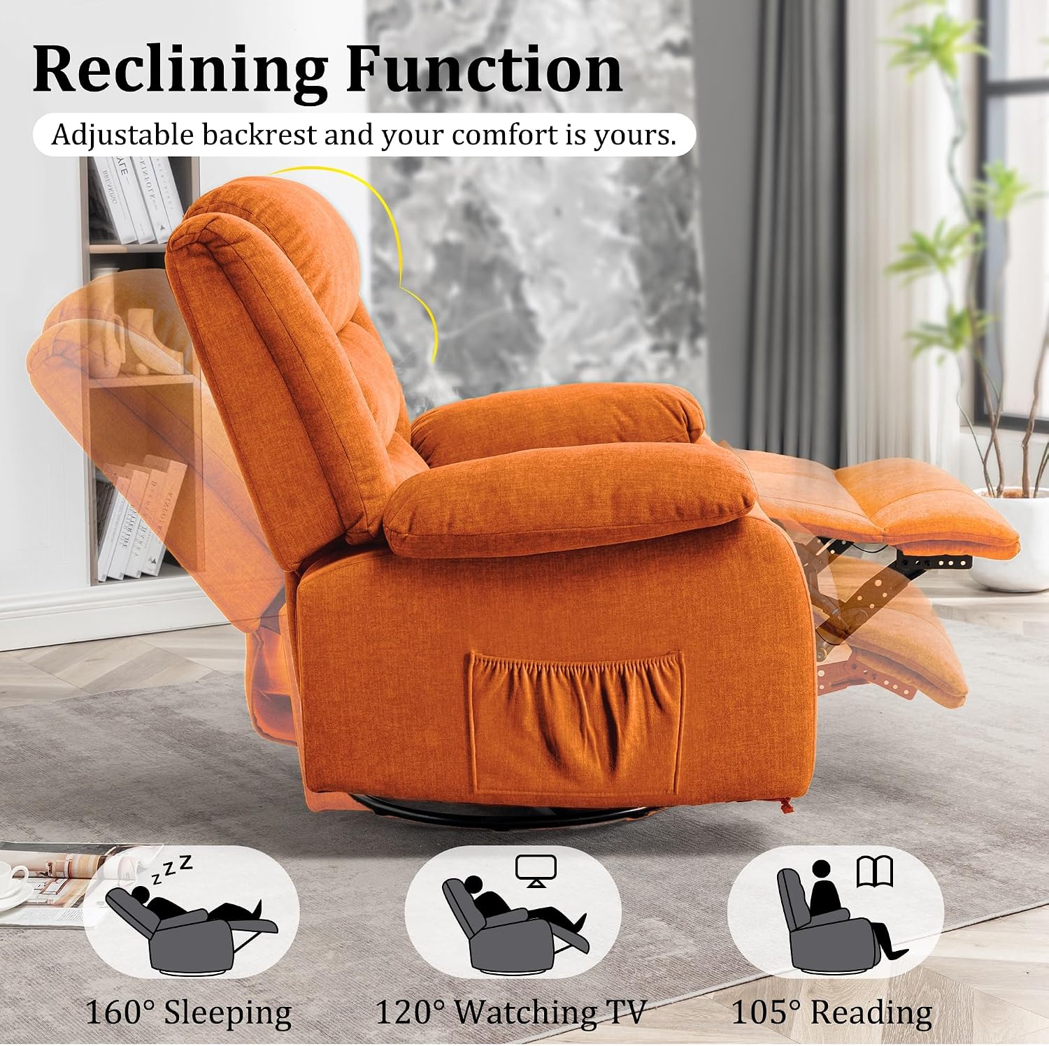 Korser Recliner Chair, Wide Rocker Chair, Rocking Chair with Massage and Heat,360°Swivel Nursery Rocking Chairs, Oversized Recliner for Adults, Cashmere Reclining Sofa for Living Room, Orange