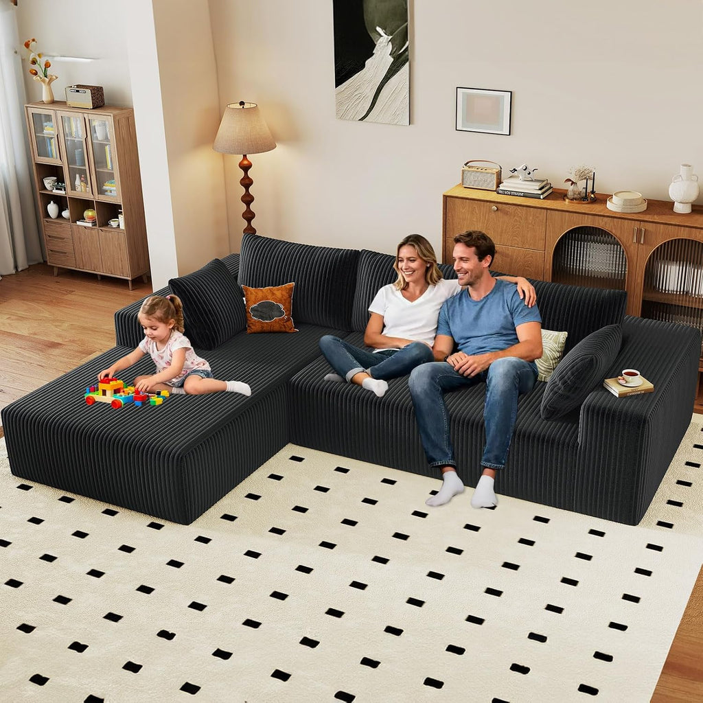 96' Modular Sectional Couch, Boneless L Shaped Cloud Sofa with Chaise Lounge, Corduroy Upholstered Couches Memory Foam Deep Seat, No Assembly Required, Ideal for Living Room(Black, Left Facing)