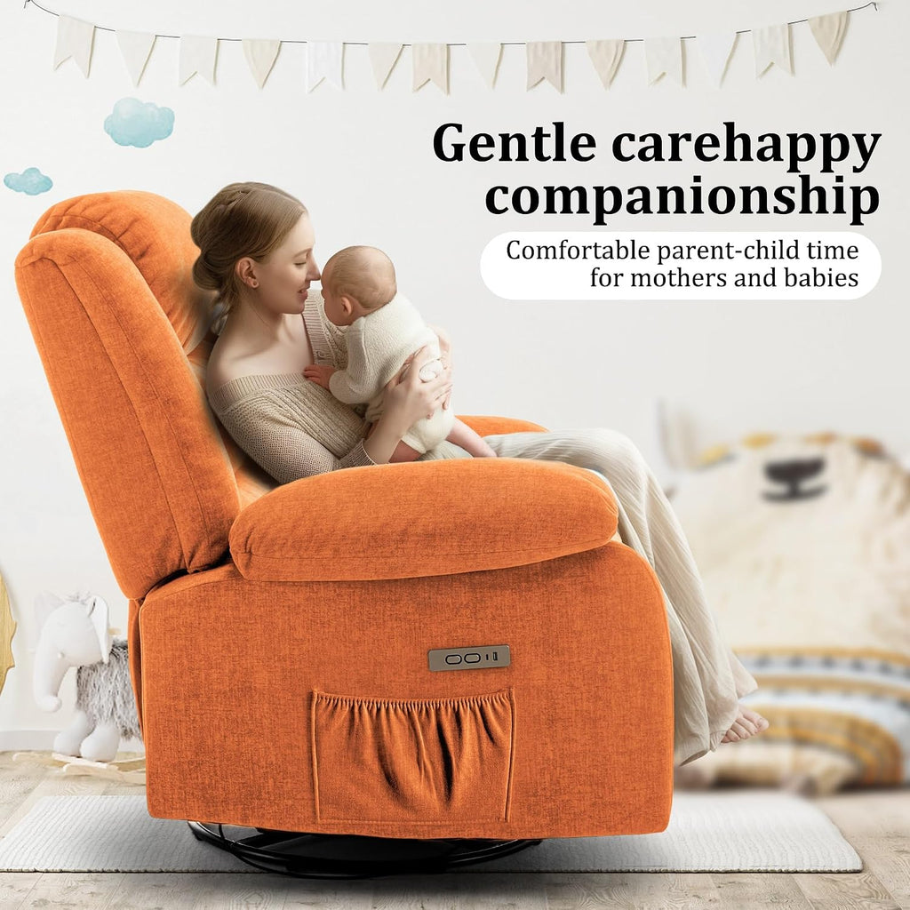 Korser Power Recliner Chair, Electric Rocker Recliner with Massage and Heat, 270° Swivel Glider, Oversized Wide Seat with USB Port, Cashmere Nursery Chair for Living Room, Orange