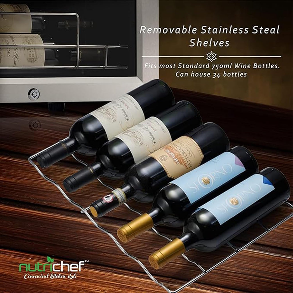 Nutrichef 34 Bottle Wine Fridge - Single Zone Beverage Refrigerator with Adjustable Temperature 41°F - 64°F, Ultra Quiet Operation Wine Cooler for Home, Office & Kitchen, Stainless Steel