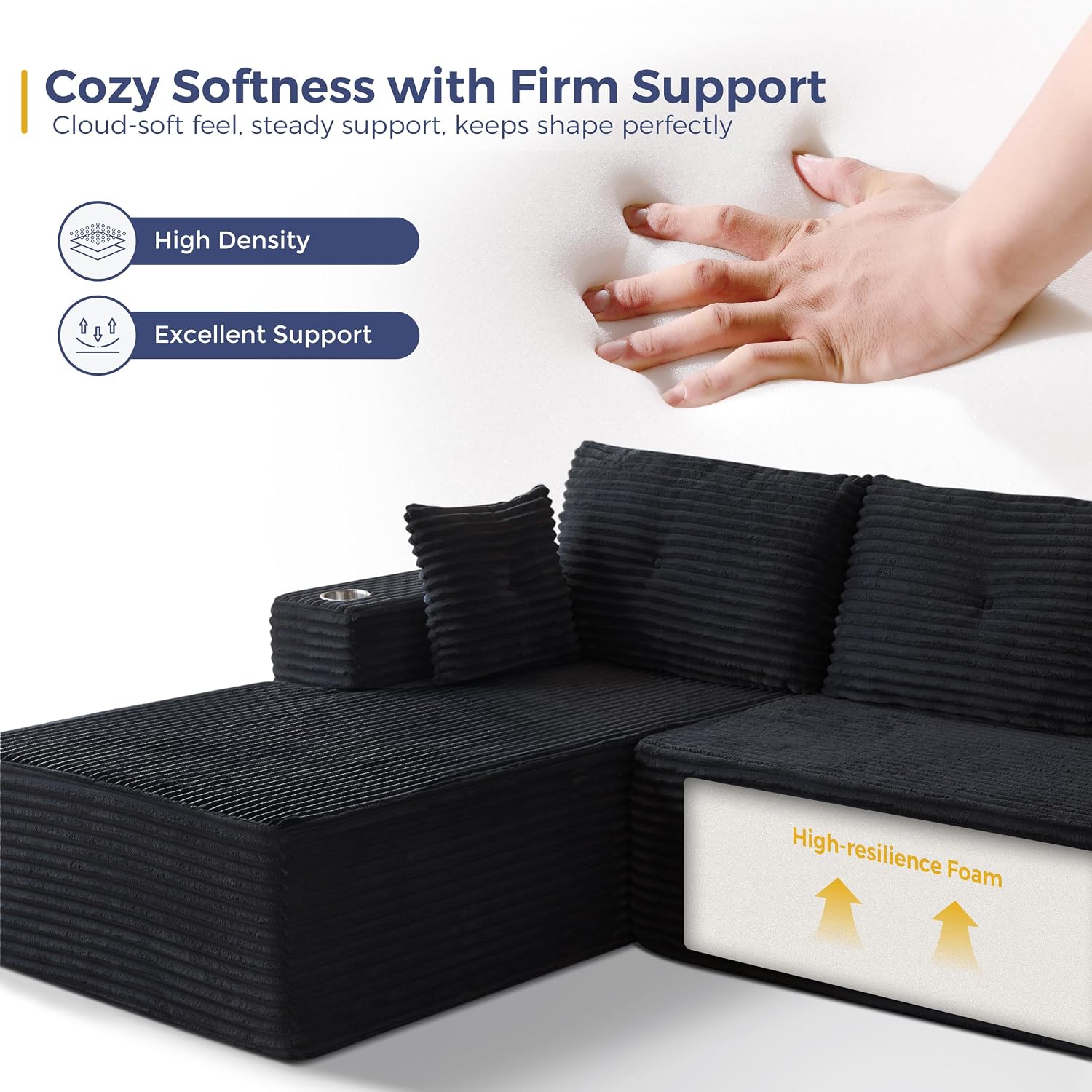 MAXYOYO Modular Sectional Couch with L-Shape Chaise and Loveseat, Modern Boneless Couch for Living Room, Oversized Sofa Sleeper with Deep Seat, No Assembly Required, Black