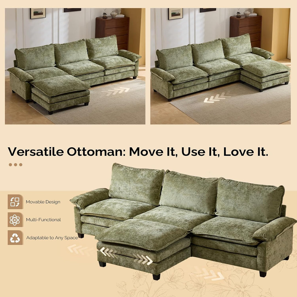 VINGLI 122' Cloud Double-Layer Deep Convertible Sectional Sofa, Comfy L-Shape 3-Seat Couches for Living Room, Modern Couch with Movable Ottoman for Small Space, Olive Green, Chenille