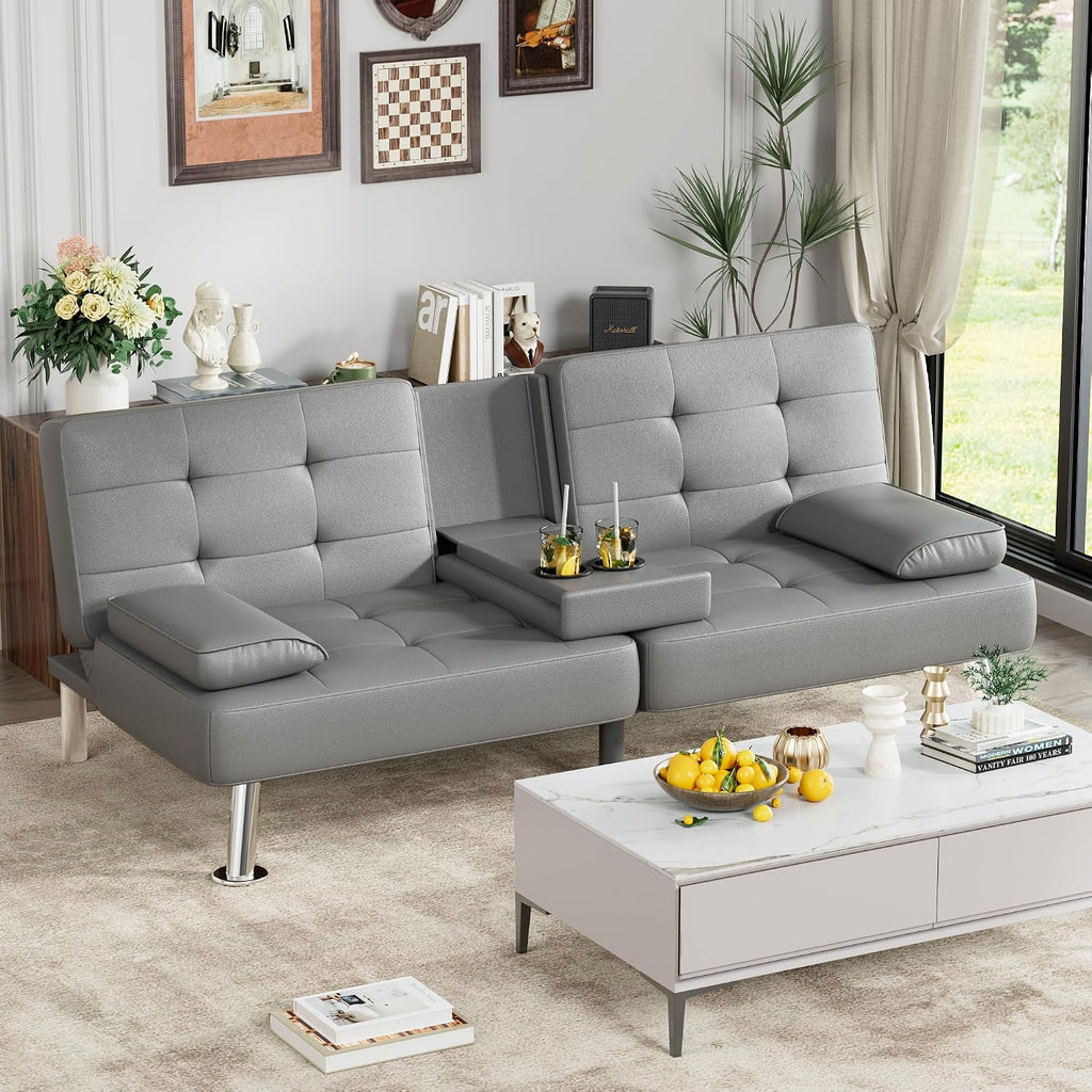Homall Futon Sofa Bed, Leather Futon Couch with Removable Armrests, Adjustable Recliner Sleeper Sofa Bed with Dual Cup Holders for Living Room, Apartment, Office (Gray)