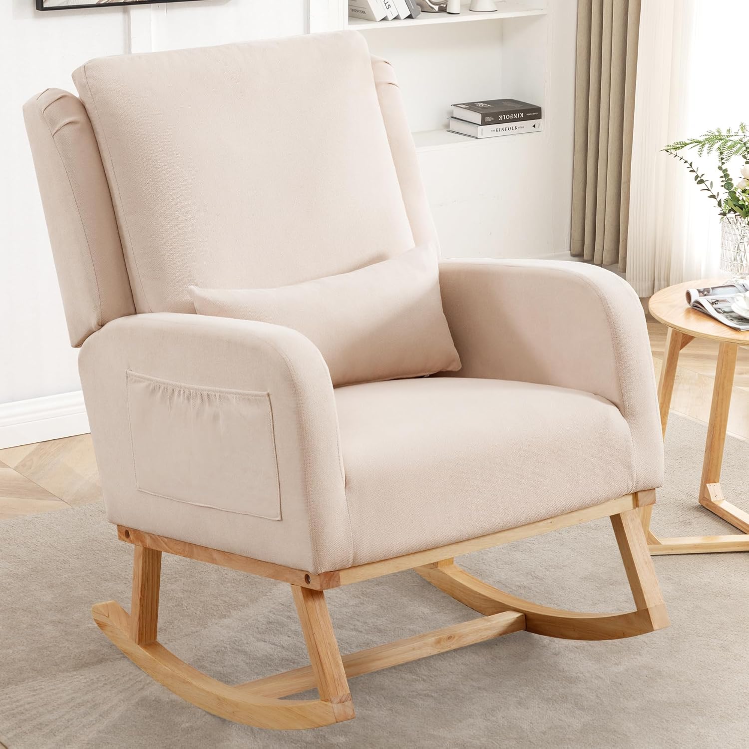 HCHAIRH Rocking Chair Nursery, Nursing Rocking Chairs with Lumbar Pillow, Comfy Modern Nursery Glider Rocker Morden Accent Rocking Chair for Mom Nursery, Living Room, Bedroom, Beige