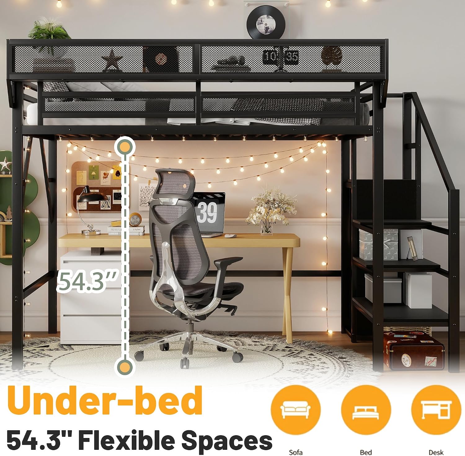 Twin XL Loft Bed with Stairs, Metal Loft Beds Frame with Storage Shelves and Wardrobe, Heavy Duty High Lofted Bed for Kids Teens,Black + Black Stair