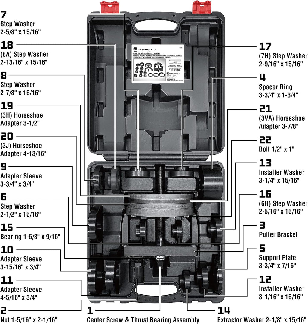 Powerbuilt 22 Pc. Master Hub and Wheel Bearing Removal and Installation Kit Self Centering Design Fits Most Front, Rear and All Wheel Drive Vehicles, Provides Easy Bearing Swaps With No Press Required