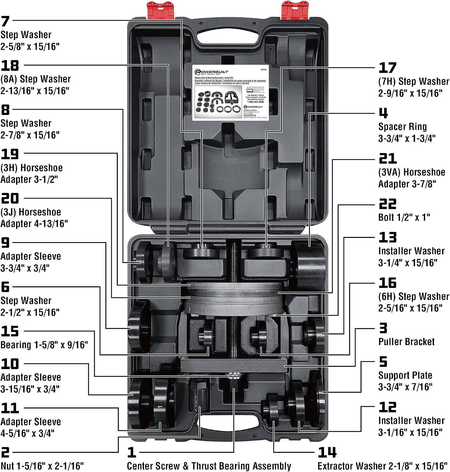Powerbuilt 22 Pc. Master Hub and Wheel Bearing Removal and Installation Kit Self Centering Design Fits Most Front, Rear and All Wheel Drive Vehicles, Provides Easy Bearing Swaps With No Press Required