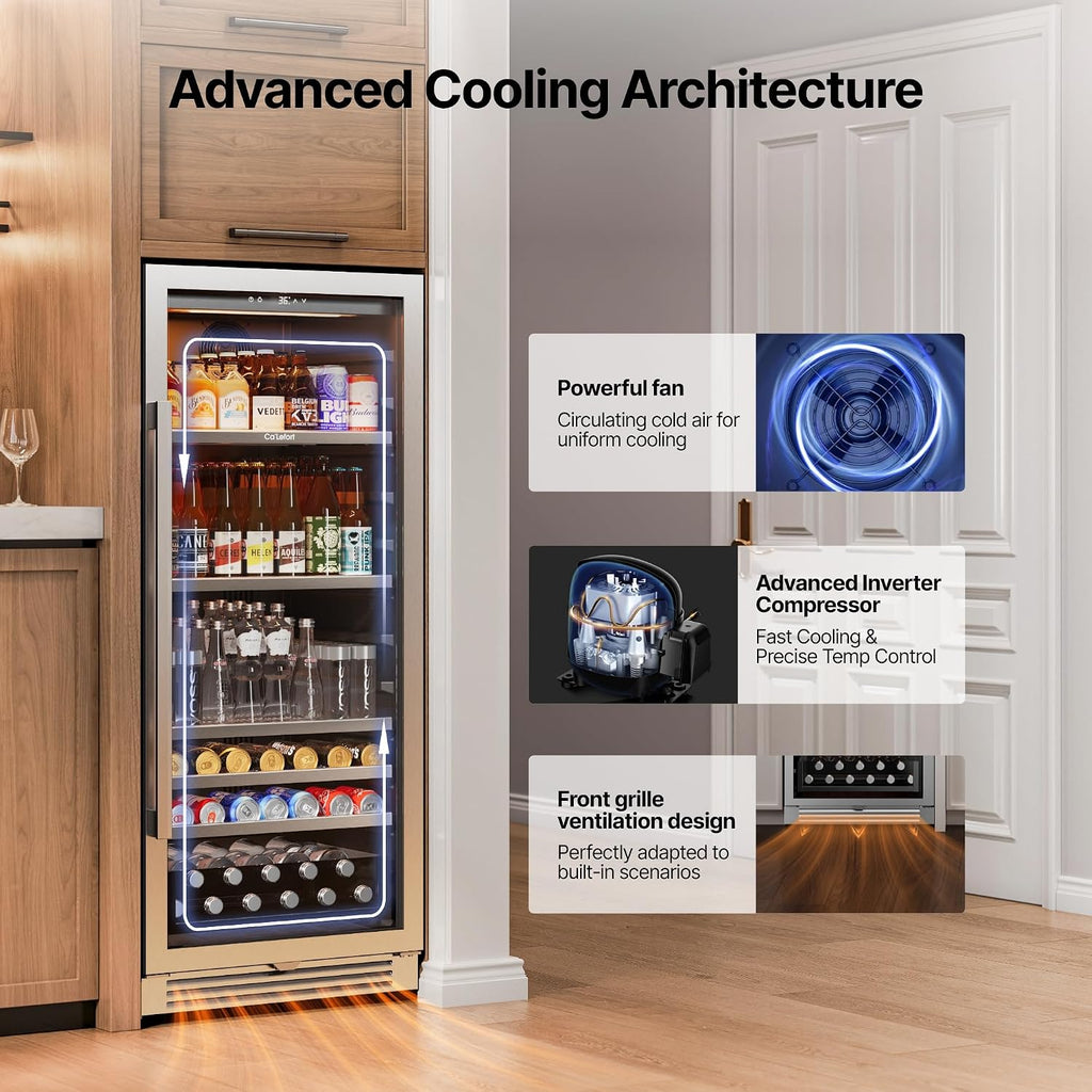 Ca'Lefort 24 Inch Beverage Refrigerator, 238 Cans Tall Beverage Fridge with Glass Door, 34-54°F Drink Fridge with 3 LED for Bar/Kitchen/Office, Freestanding or Built-In Beer Cooler for Beer/Soda/Wine