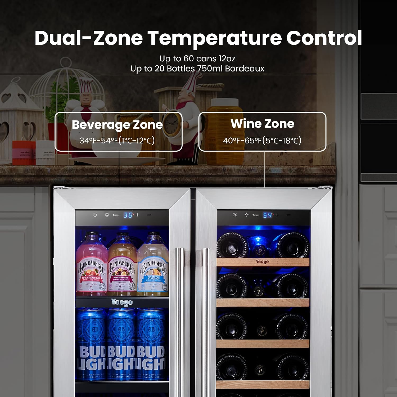 Yeego Wine and Beverage Refrigerator, 24 Inch Dual Zone Wine Fridge, Built-in or Freestanding Wine Cooler with Glass Doors, Under Counter Drink Fridge for Wine/Beer/Soda/Water