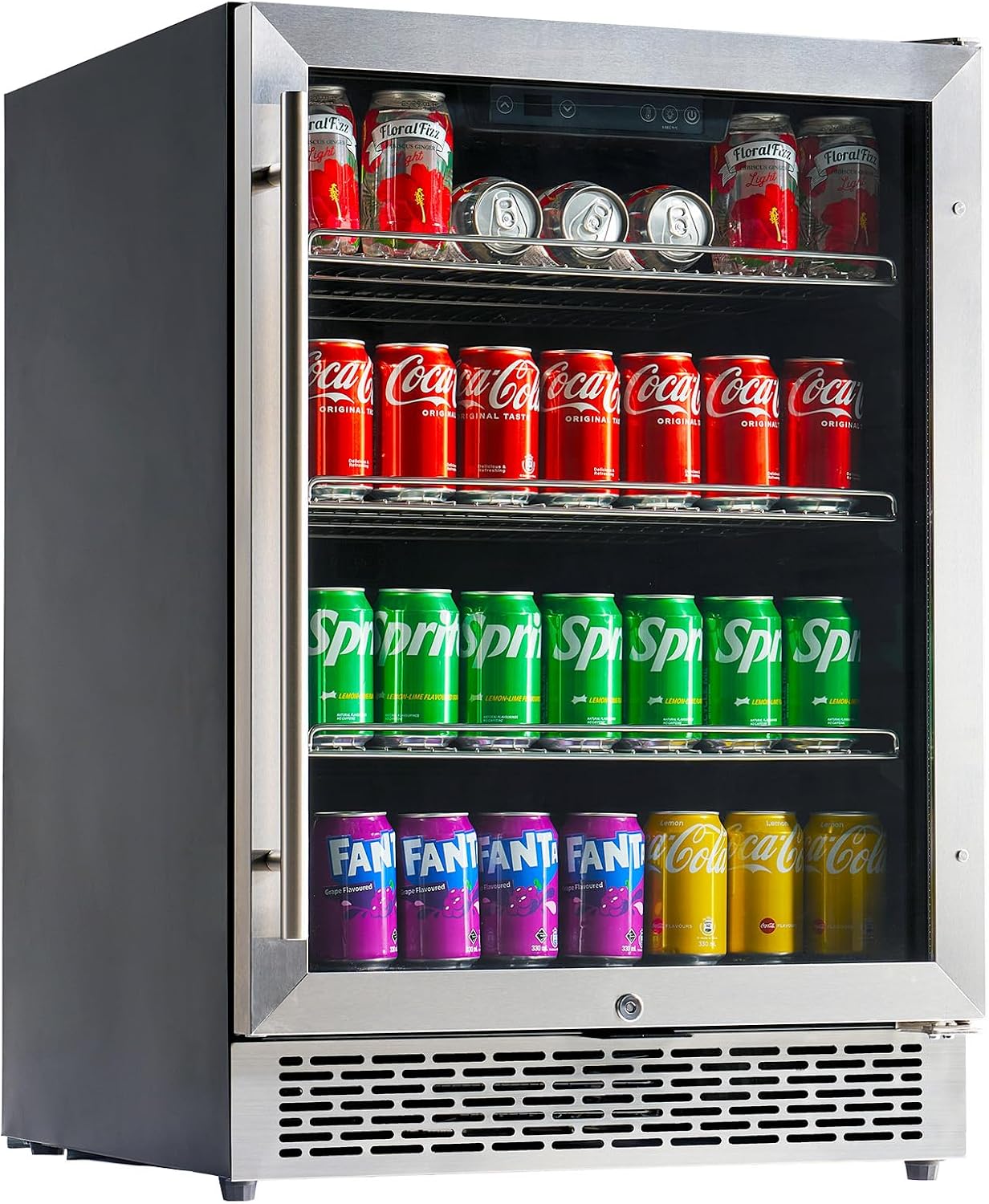 Jocisland 24 Inch Beverage Refrigerator, Built-In or Freestanding Fridge with Glass Door, LED Touch Control, Adjustable Shelves, Holds 207 Cans, Under Counter Beer & Wine Cooler, 34–64℉